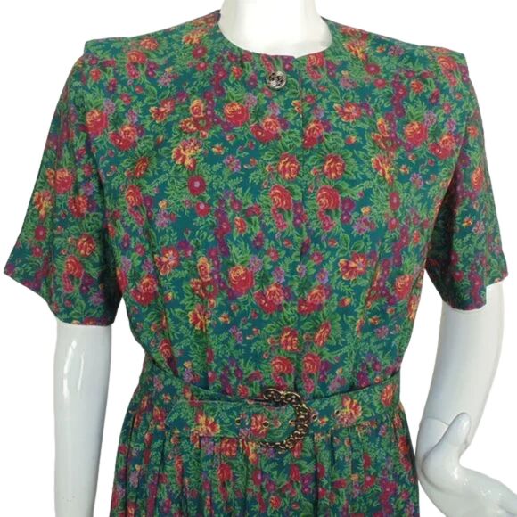 LESLIE FAY Dress, 10, Green Floral, Belt, Short Sleeves, Career, Poly, VINTAGE - Picture 3 of 16